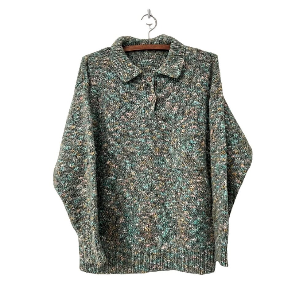 VTG Womens Multicolor Chunky Knit Long Sleeve Polo Sweater Hipster SZ Large